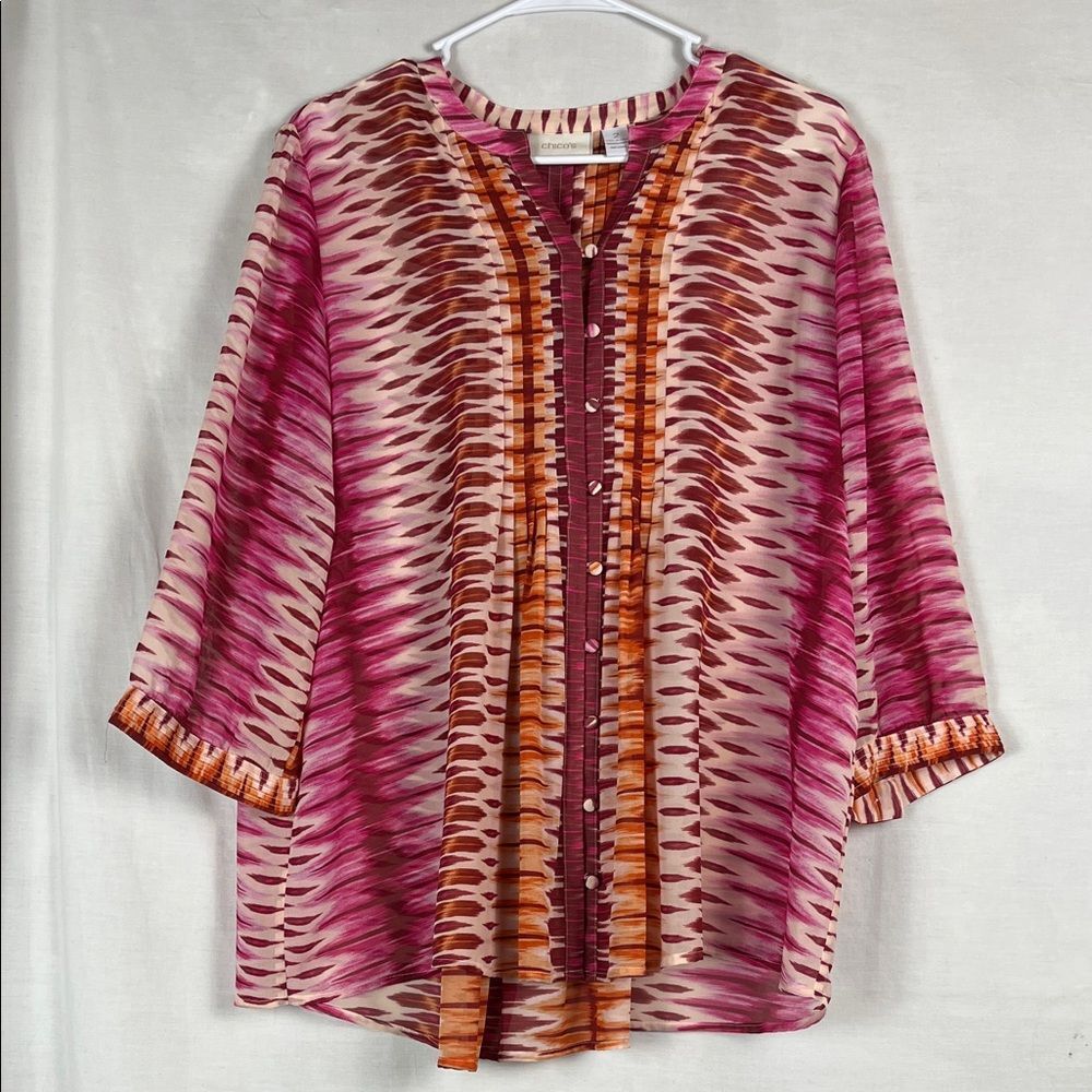 Chicos Tie Dye Chiffon Front Pleated Tunic Blouse